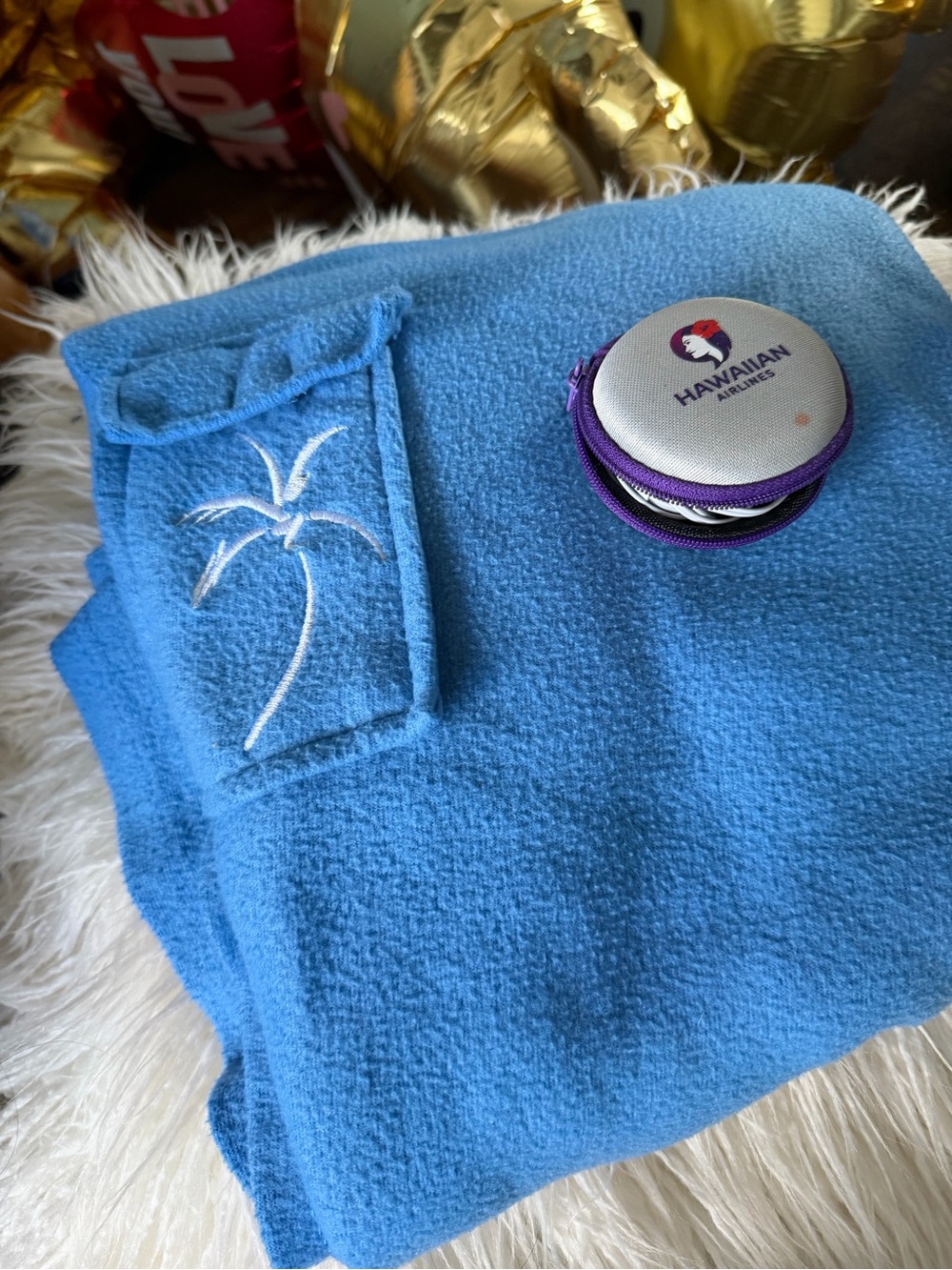 Hawaiian Airlines Blue Travel Blanket with Embroidered Palm